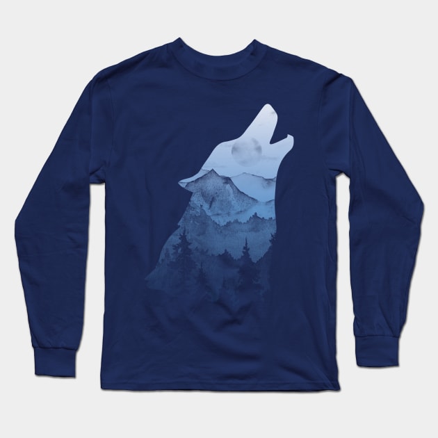 Wolf Beyond the Mountains Long Sleeve T-Shirt by PixelSamuel